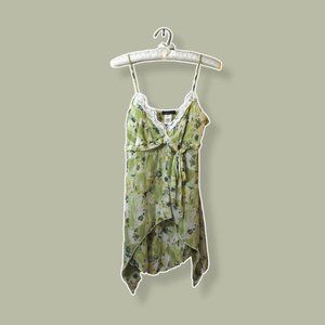 Y2K Green & White Floral Pattern  Asymmetrical Top, Size M